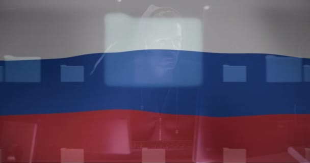 Animation Caucasian Male Hacker Data Processing Padlock Flag Russia Ukraine — Vídeo de stock