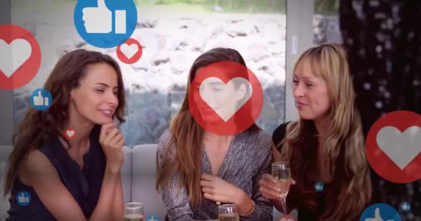 Animation Social Media Reactions Happy Caucasian Female Friends Drinking Wine — Vídeo de Stock