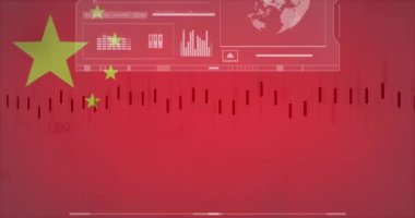 Çin bayrağı üzerindeki ekranlarda finansal verilerin ve grafiklerin animasyonu. küresel ekonomi, finans ve politika kavramı dijital olarak oluşturulmuş video.