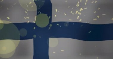 Finlandiya bayrağı üzerinde konfeti animasyonu. Dijital olarak üretilen bayraklar, ulusal semboller ve vatanseverlik kavramı.