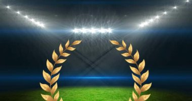 Stadyumun üzerinde defne sefilinin animasyonu. Spor, rekabet ve dijital olarak üretilen zafer konsepti. Spor, rekabet ve zafer konsepti dijital olarak oluşturulmuş video.