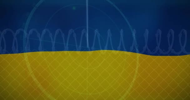 Animation Von Radar Und Stacheldraht Über Der Ukrainischen Flagge Ukraine — Stockvideo