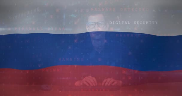 Animação Hacker Masculino Caucasiano Sobre Bandeira Rússia Crise Ucraniana Guerra — Vídeo de Stock