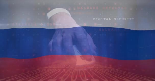 Κινούμενο Χέρι Καυκάσιου Χάκερ Πάνω Από Σημαία Της Ρωσίας Κρίση — Αρχείο Βίντεο
