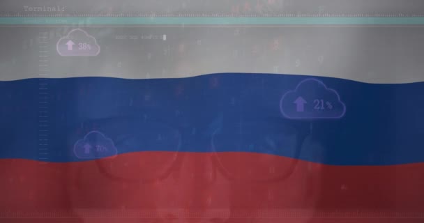 Анимация Обработки Данных Над Флагом России Украинский Кризис Кибервойна Международная — стоковое видео