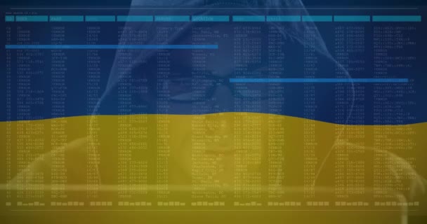 高加索男性黑客的动画和乌克兰国旗上的数据处理 Ukraine Crisis Cyber War International Politics Concept Digital Generated — 图库视频影像