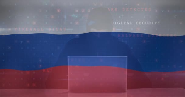 Animace Bělošského Mužského Hackera Nad Vlajkou Ruska Ukrajinská Krize Kybernetická — Stock video