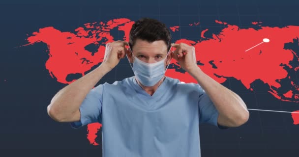 Caucasian Male Health Worker Wearing Face Mask Light Trails World — Vídeo de Stock