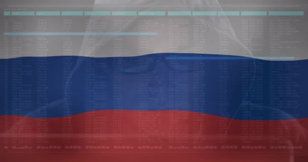 Animación Hacker Masculino Caucásico Procesamiento Datos Sobre Bandera Rusia Crisis — Vídeo de stock