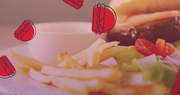 Animação Hambúrgueres Flutuando Sobre Fast Food Conceito Cozinha Americana Fast — Vídeo de Stock