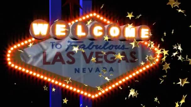 多金星图标的复合视频与欢迎来到拉斯维加斯的标志板相对照 赌场和赌博概念 — 图库视频影像