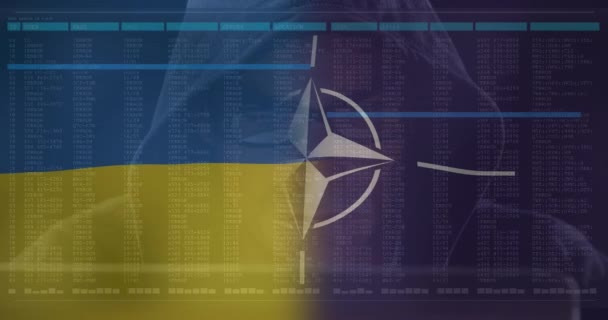 Animatie Van Blanke Mannelijke Hacker Boven Vlag Van Nato Ukraine — Stockvideo