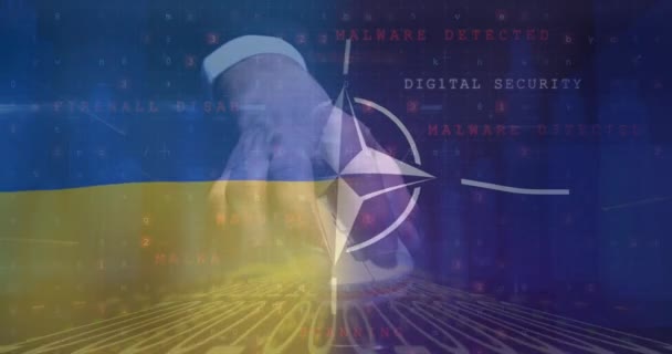 Animação Mão Hacker Masculino Caucasiano Sobre Bandeira Otan Ucraniana Crise — Vídeo de Stock