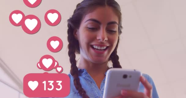 Multiple Heart Icons Increasing Numbers Floating Caucasian Using Smartphone Social — Video