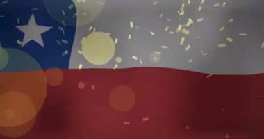 Şili bayrağı üzerinde konfeti animasyonu. Dijital olarak üretilen bayraklar, ulusal semboller ve vatanseverlik kavramı.