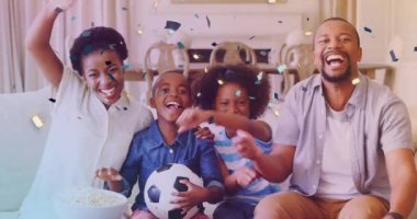 Mutlu Afro-Amerikan ailesinin üzerine düşen konfetilerin animasyonu. Çocuklar günü konsepti dijital olarak oluşturulmuş video.
