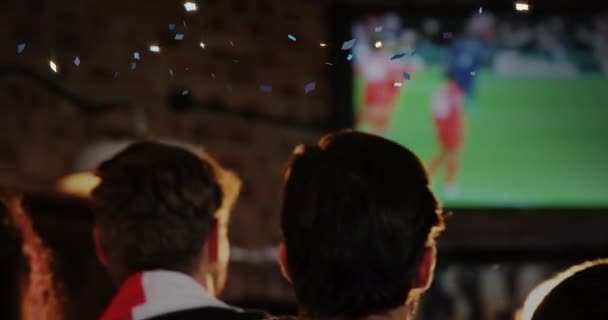 Animation Back View Diverse Fans Watching Soccer Match Pub Sports — ストック動画