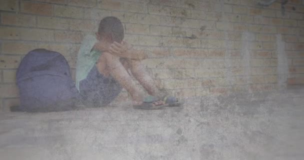 Animation Cracked Texture Changing Sad Biracial Boy Sitting Pavement Childhood — Vídeo de stock