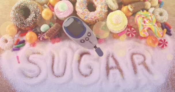 Animering Sockertext Över Glukosmätare Och Sötsaker Hälso Och Sjukvård Diabetes — Stockvideo