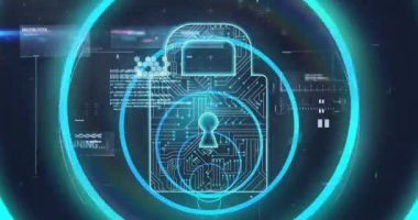 Karanlık arka plandaki veri işleme sistemi üzerindeki güvenlik kilidinin animasyonu. soyut, ışık, desen ve hareket kavramı dijital olarak oluşturulmuş video.