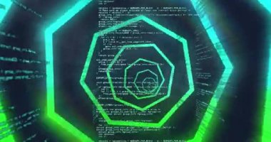 Veri işleme üzerinde mavi ve yeşil neon geometrik şekillerin animasyonu. soyut, ışık, desen ve hareket kavramı dijital olarak oluşturulmuş video.