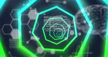 Bilimsel veri işleme üzerine neon geometrik şekillerin animasyonu. soyut, ışık, desen ve hareket kavramı dijital olarak oluşturulmuş video.