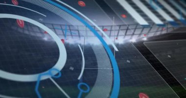 Arka plandaki spor stadyumuna düşen rugby toplarının üzerindeki japan baskısını işliyor. spor ve yarışma konsepti