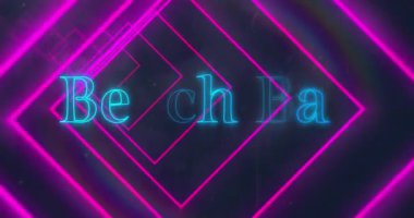 Plaj çubuğu açık metnin üzerinde pembe neon geometrik şekillerin animasyonu. soyut, ışık, desen ve hareket kavramı dijital olarak oluşturulmuş video.