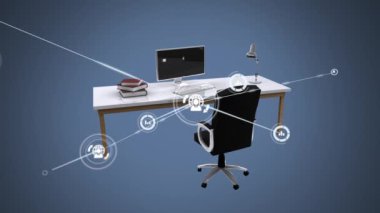 Ofis üzerindeki simgelerle bağlantı ağının animasyonu. küresel iş, finans, veri işleme ve dijital arayüz kavramı dijital olarak oluşturulmuş video.