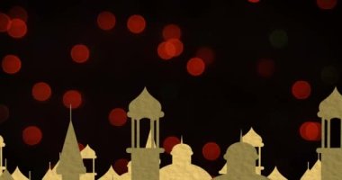 Ay, yıldızlar ve lambalar birden fazla cami simgesine ve kopyalanmış kırmızı noktalara asılı. Ramazan bayramı ve kutlama konsepti