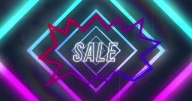 Satış metninin üzerinde pembe ve mavi neon geometrik şekillerin animasyonu. soyut, ışık, desen ve hareket kavramı dijital olarak oluşturulmuş video.