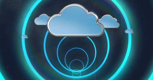 雲のアイコン上に青いネオン幾何学的な形のアニメーション 抽象的光パターン運動概念デジタル的に生成されたビデオ — ストック動画