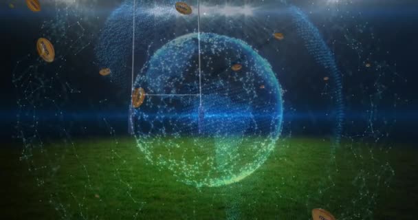 Румыния Печатает Мячах Регби Падающих Над Земным Шаром Сети Связей — стоковое видео