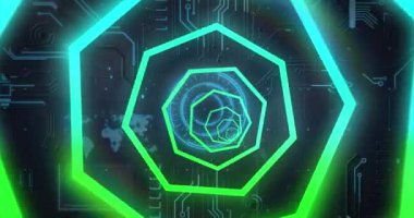 Veri işleme üzerinde mavi ve yeşil neon geometrik şekillerin animasyonu. soyut, ışık, desen ve hareket kavramı dijital olarak oluşturulmuş video.