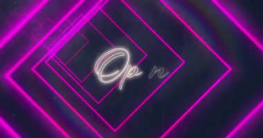 Açık metin üzerinde pembe neon geometrik şekillerin animasyonu. soyut, ışık, desen ve hareket kavramı dijital olarak oluşturulmuş video.