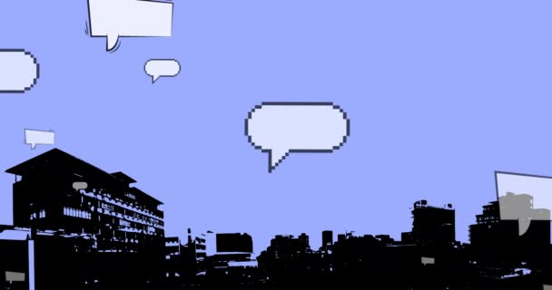 Multiple Blank Speech Bubbles Floating Cityscape Blue Background Copy Space — Stock Video