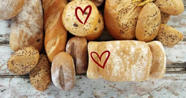 Animation Fallender Leseherzen Über Brot Konzept Der Ernährungs Und Hydratationswoche — Stockvideo