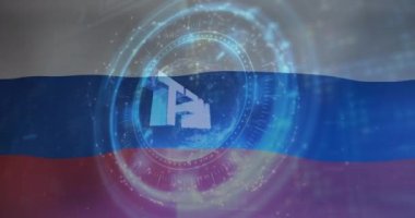 Rusya bayrağı üzerinde süzülme ve Nft sembolü animasyonu. Ukrayna krizi ve uluslararası politika kavramı dijital olarak oluşturuldu.