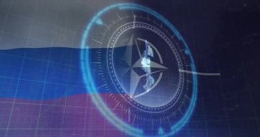 Rusya ve NATO bayrakları üzerinde kapsam taraması ve avro sembolü animasyonu. Ukrayna krizi ve uluslararası politika kavramı dijital olarak oluşturuldu.