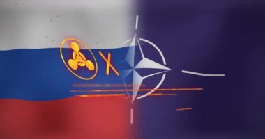Rusya ve NATO bayrakları üzerinde kırmızı alarm mesajı ve sembol animasyonu. Ukrayna krizi ve uluslararası politika kavramı dijital olarak oluşturuldu.