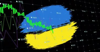 Ukrayna bayrağı üzerinde veri işleme animasyonu. Ukrayna krizi ve uluslararası politika kavramı dijital olarak oluşturuldu.