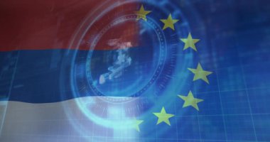 Sırbistan bayrağı üzerinde süzülme ve Nft sembolü animasyonu. Ukrayna krizi ve uluslararası politika kavramı dijital olarak oluşturuldu.