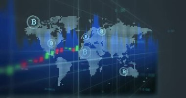 Dünya haritası üzerinde veri işleme ve bitcoin sembollerinin animasyonu. Ukrayna krizi ve uluslararası politika kavramı dijital olarak oluşturuldu.