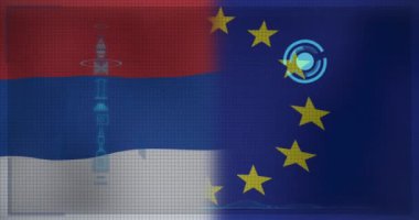 Sırbistan bayrağı ve eu üzerinde veri işleme animasyonu. Ukrayna krizi ve uluslararası politika kavramı dijital olarak oluşturuldu.