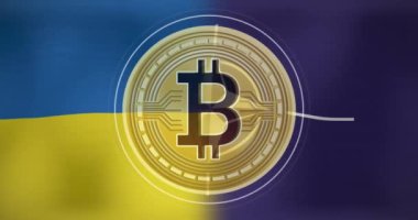 Ukrayna ve NATO bayrağı üzerinde bitcoin sembolünün animasyonu. Ukrayna krizi ve uluslararası politika kavramı dijital olarak oluşturuldu.