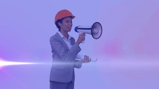 Animation Von Lichtspuren Über Afrikanisch Amerikanische Ingenieurin Internationaler Frauentag Und — Stockvideo