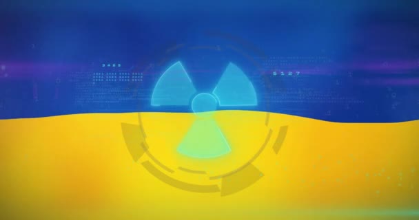 Анимация Обработки Данных Ядерного Символа Над Флагом Украины Украинский Кризис — стоковое видео
