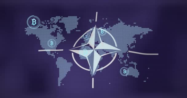 Animazione Del Simbolo Bitcoin Mappa Del Mondo Bandiera Nato Crisi — Video Stock