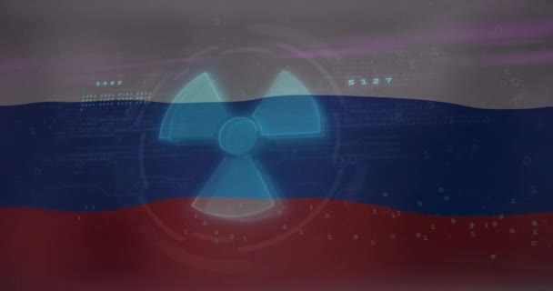 Animação Processamento Dados Símbolo Nuclear Sobre Bandeira Rússia Crise Ucraniana — Vídeo de Stock