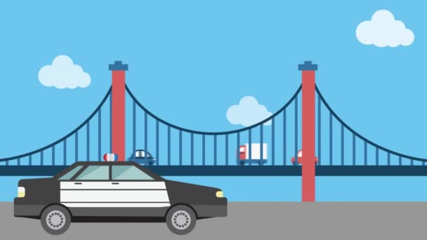 Animation Police Car Bridge Public Service Day Celebration Concept Digitally — Stock Video